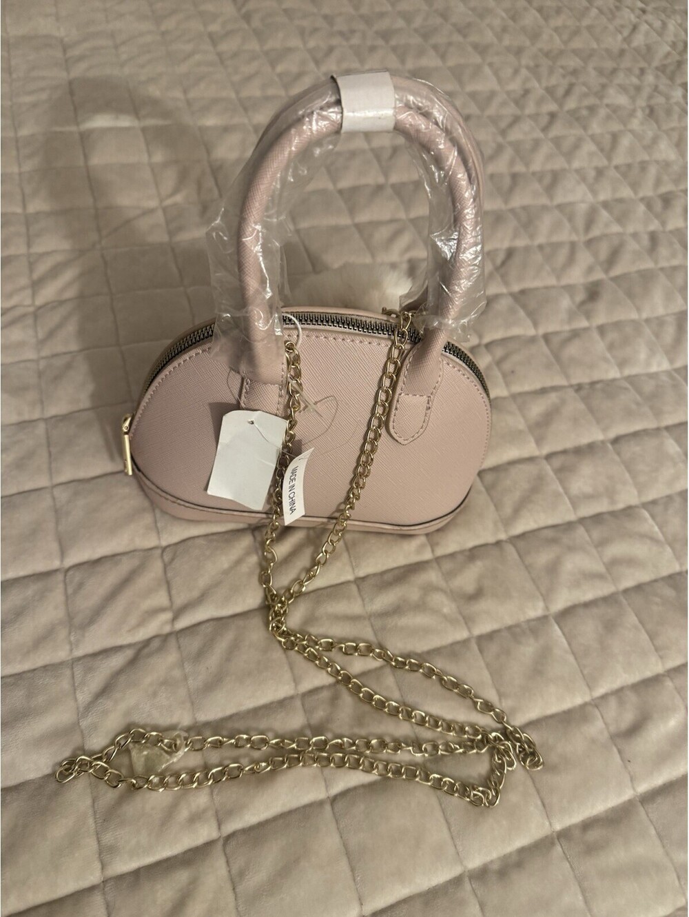 Mini Blush Pink Crossbody Handbag w/ Gold Chain & Fur Pom Pom – New with Tags